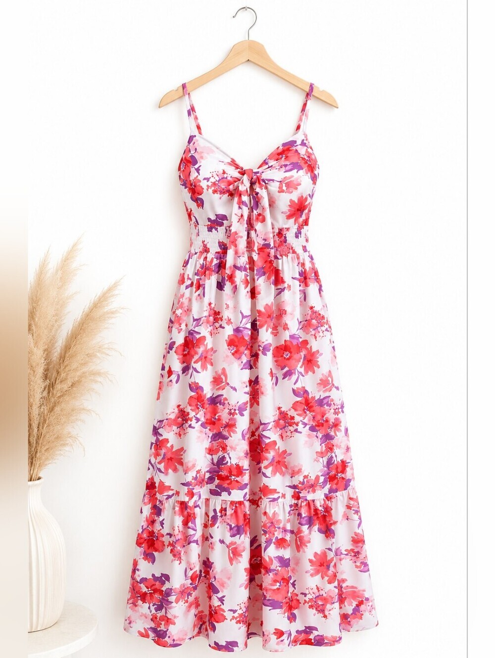 Grace Karin Floral Maxi Dress Pink Purple Watercolor Print Smocked Waist Size 8 - Picture 3 of 7